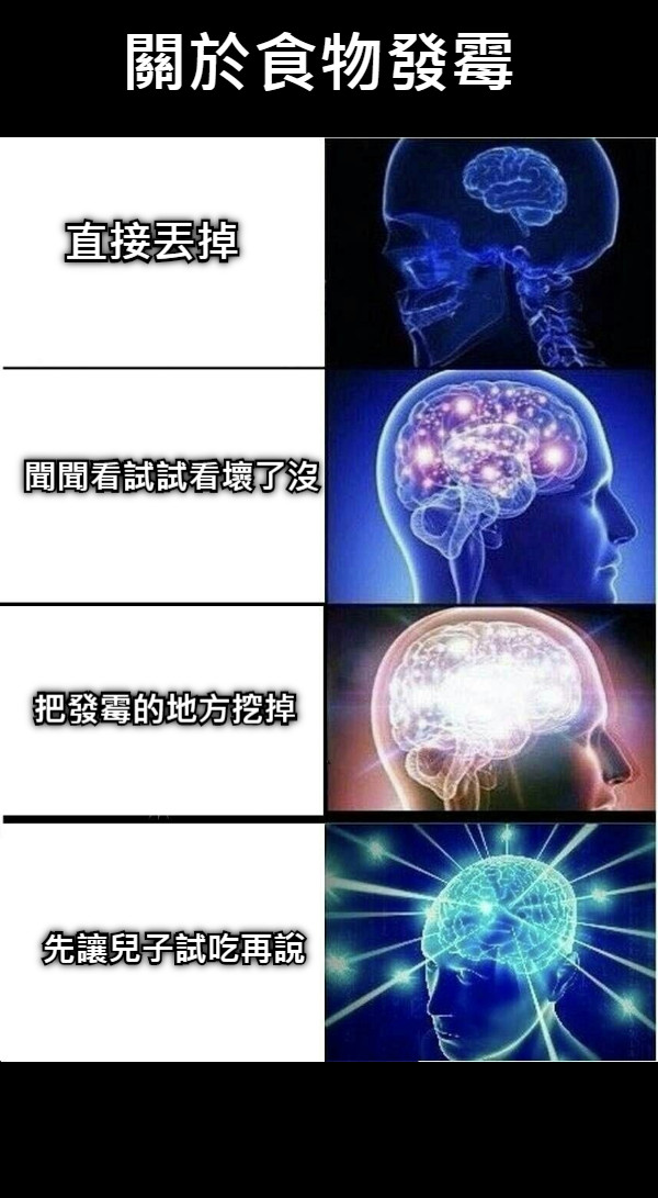關於食物發霉 直接丟掉 聞聞看試試看壞了沒 把發霉的地方挖掉 先讓兒子試吃再說