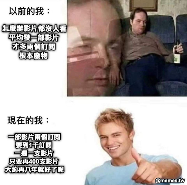 怎麼辦影片都沒人看 平均發一部影片 才多兩個訂閱 根本廢物 一部影片兩個訂閱 要到1千訂閱 一週一支影片 只要再400支影片 大約再八年就好了呢