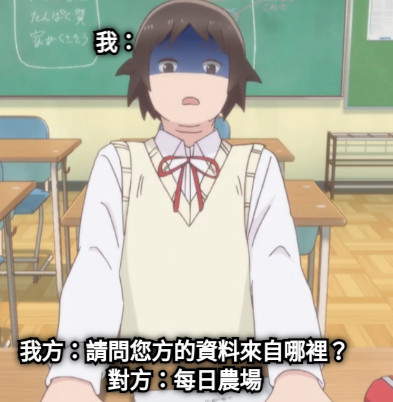 我： 我方：請問您方的資料來自哪裡？ 對方：每日農場