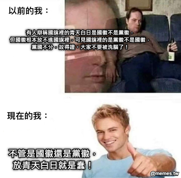 有人辯稱國旗裡的青天白日是國徽不是黨徽， 但國徽根本放不進國旗裡，可見國旗裡的是黨徽不是國徽， 黨國不分，故得證。大家不要被洗腦了！ 不管是國徽還是黨徽， 放青天白日就是蠢！