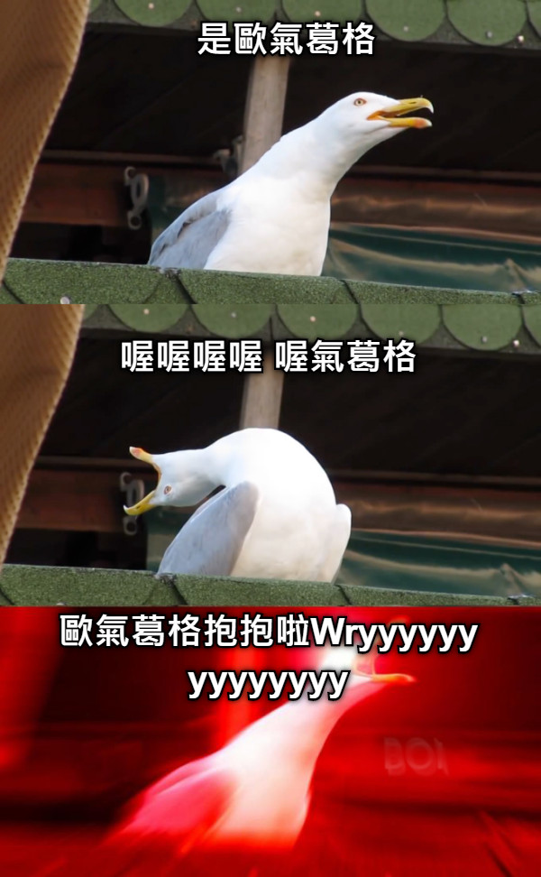 是歐氣葛格 喔喔喔喔 喔氣葛格 歐氣葛格抱抱啦Wryyyyyyyyyyyyyy