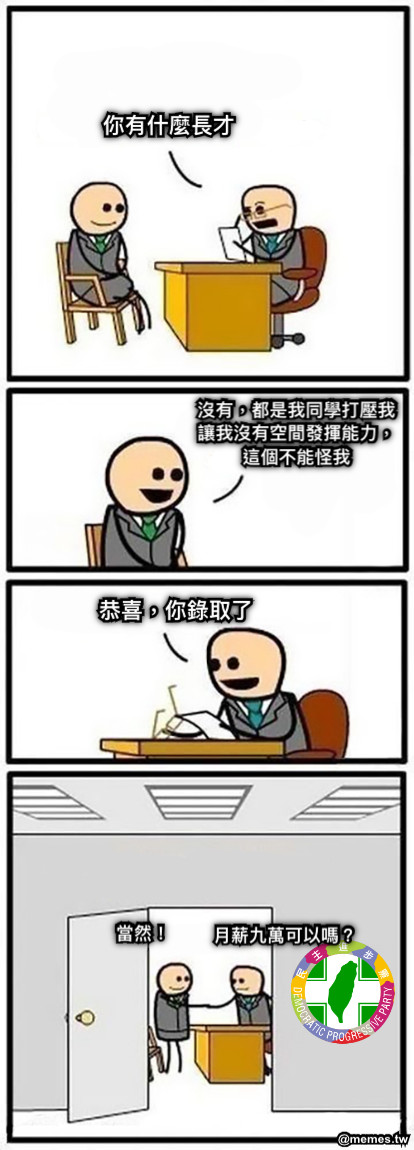 你有什麼長才 沒有，都是我同學打壓我讓我沒有空間發揮能力，這個不能怪我 恭喜，你錄取了 月薪九萬可以嗎？ 當然！
