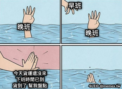 晚班 早班 晚班 今天貨運還沒來 下班時間已到 貨到了 幫我盤點