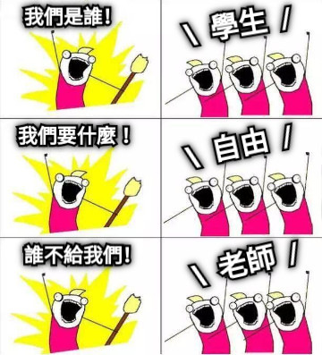我們是誰！   學生  / 我們要什麼！   自由  / 誰不給我們！   老師  /