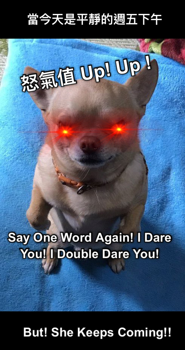 當今天是平靜的週五下午 But! She Keeps Coming!! 怒氣值 Up! Up ! Say One Word Again! I Dare You! I Double Dare You!