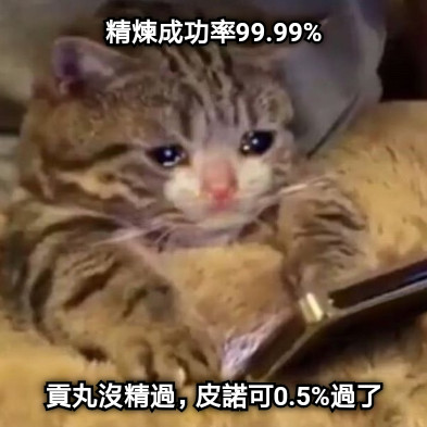 精煉成功率99.99% 貢丸沒精過，皮諾可0.5%過了