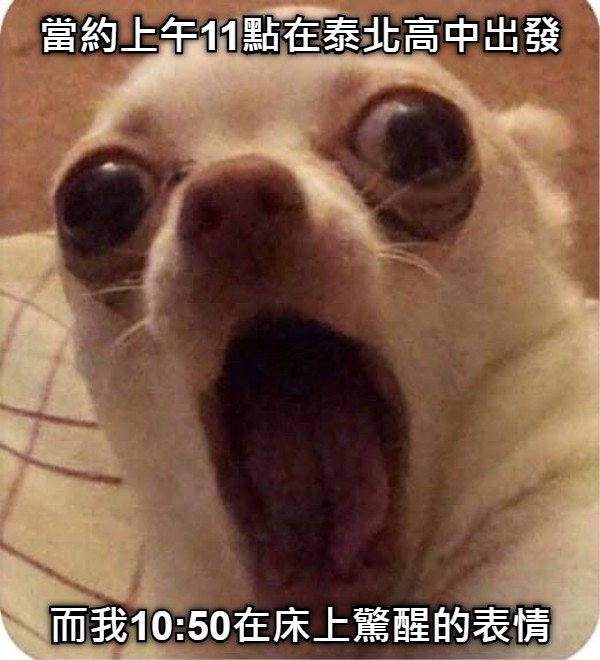 當約上午11點在泰北高中出發 而我10:50在床上驚醒的表情