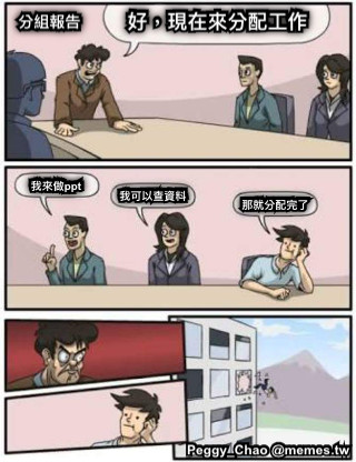 好，現在來分配工作 我來做ppt 我可以查資料 那就分配完了 分組報告