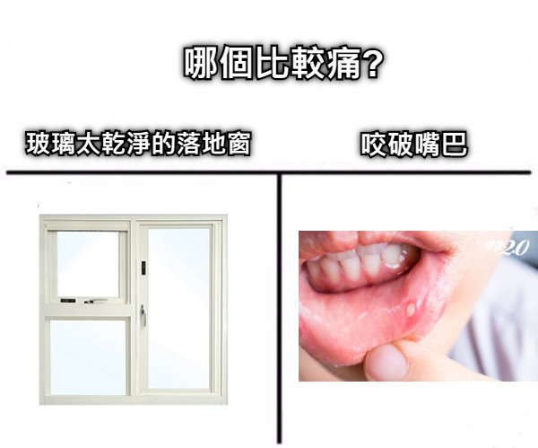 哪個比較痛? 玻璃太乾淨的落地窗 咬破嘴巴