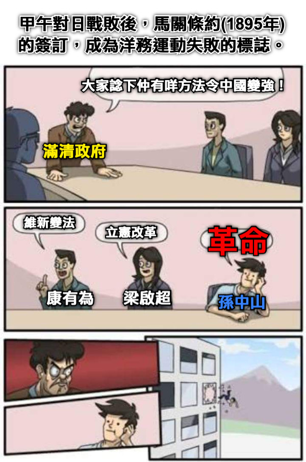 大家諗下仲有咩方法令中國變強！ 滿清政府 甲午對日戰敗後，馬關條約(1895年)的簽訂，成為洋務運動失敗的標誌。 維新變法 革命 孫中山 立憲改革 康有為       梁啟超