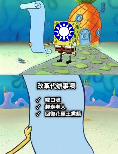 改革代辦事項 ✓　喊口號　　　　 ✓　趕走老人　　　 ✓　回復花蓮王黨籍