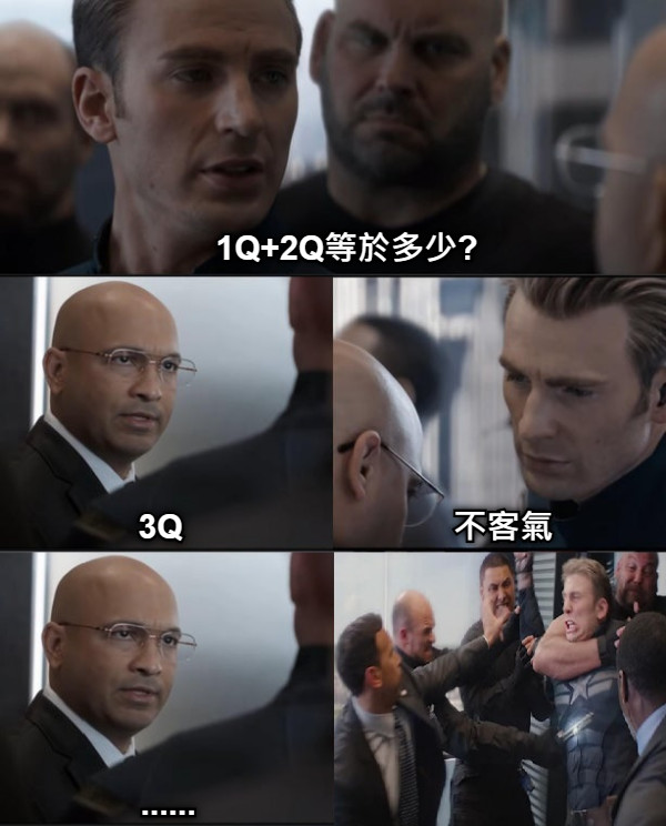 1Q+2Q等於多少? 3Q 不客氣 ......