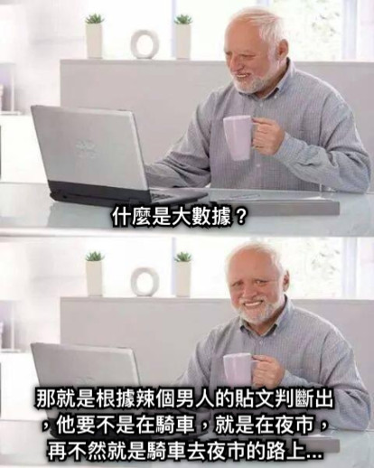 什麼是大數據？ 那就是根據辣個男人的貼文判斷出，他要不是在騎車，就是在夜市，再不然就是騎車去夜市的路上...