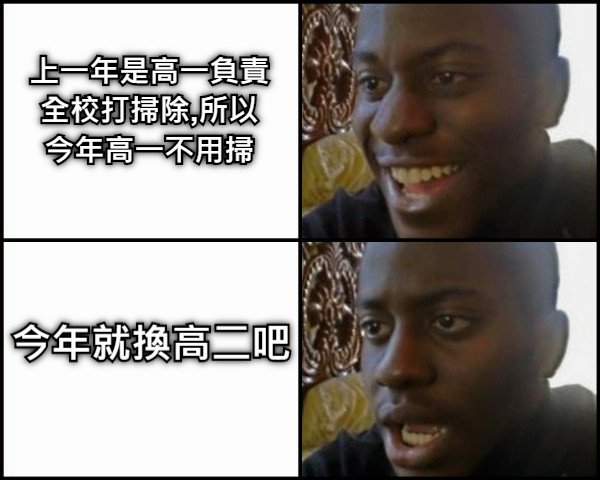 上一年是高一負責全校打掃除,所以今年高一不用掃 今年就換高二吧