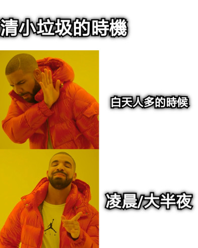 出清小垃圾的時機 白天人多的時候 凌晨/大半夜