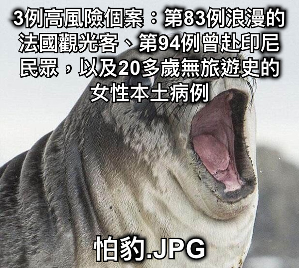 3例高風險個案：第83例浪漫的法國觀光客、第94例曾赴印尼民眾，以及20多歲無旅遊史的女性本土病例 怕豹.JPG
