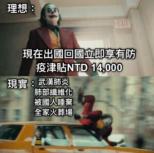 現在出國回國立即享有防疫津貼NTD 14,000 武漢肺炎 肺部纖維化 被國人唾棄 全家火葬場 現實： 理想：