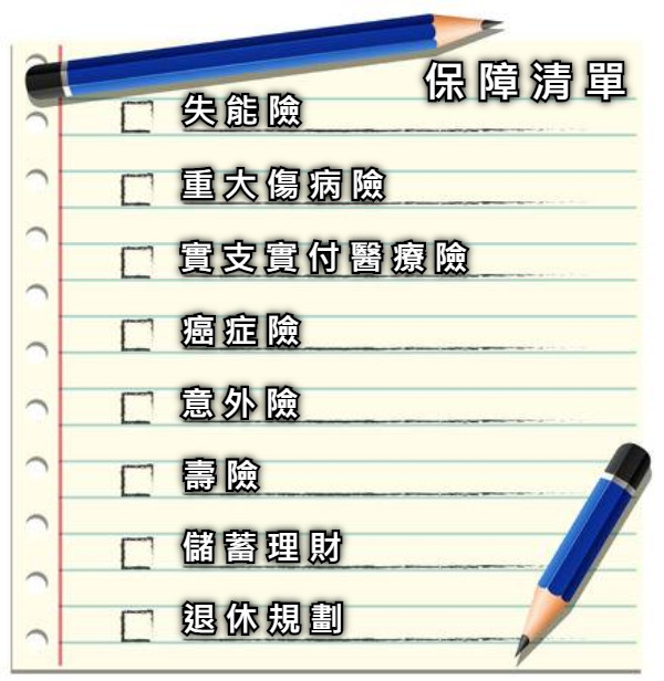 失 能 險 重 大 傷 病 險 實 支 實 付 醫 療 險 癌 症 險 意 外 險 壽 險 儲 蓄 理 財 退 休 規 劃 保 障 清 單