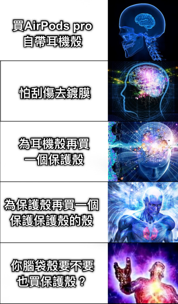 買AirPods pro 自帶耳機殼 怕刮傷去鍍膜 為耳機殼再買一個保護殼 為保護殼再買一個保護保護殼的殼 你腦袋殼要不要也買保護殼？