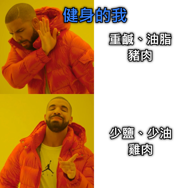 重鹹、油脂 豬肉 少鹽、少油 雞肉 健身的我