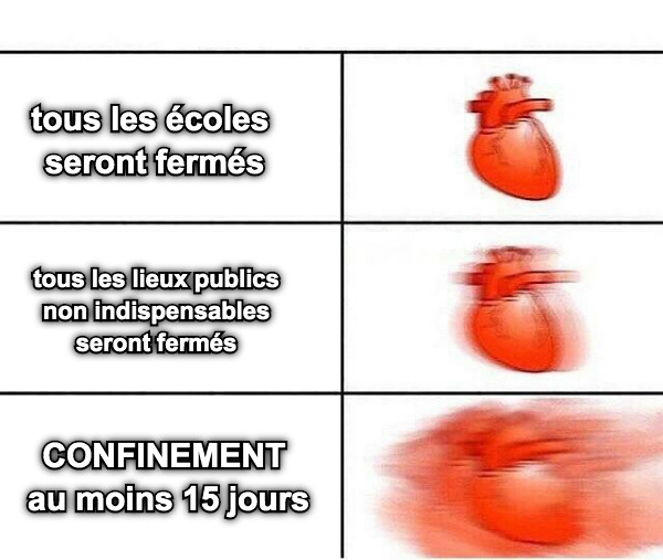 tous les écoles seront fermés tous les lieux publics non indispensables seront fermés CONFINEMENT  au moins 15 jours