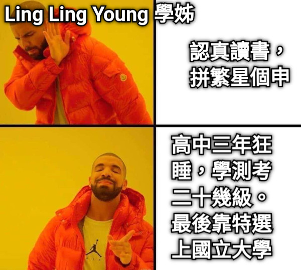 Ling Ling Young 學姊 認真讀書，拼繁星個申 高中三年狂睡，學測考二十幾級。最後靠特選上國立大學