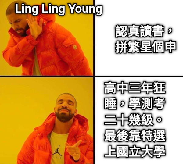 Ling Ling Young  認真讀書，拼繁星個申 高中三年狂睡，學測考二十幾級。最後靠特選上國立大學