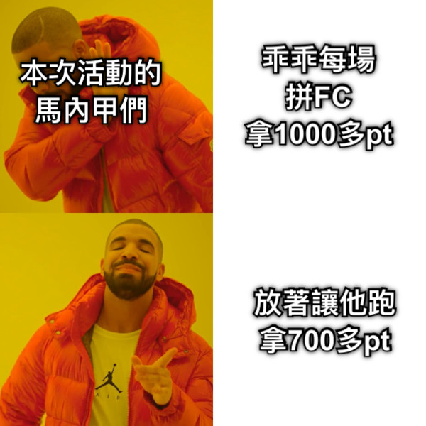 乖乖每場 拼FC 拿1000多pt 放著讓他跑 拿700多pt 本次活動的 馬內甲們