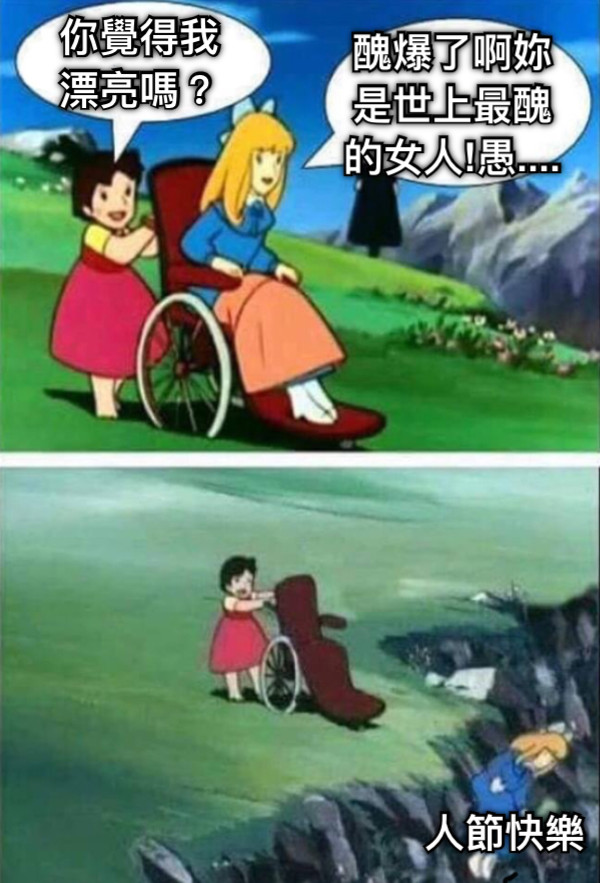 你覺得我漂亮嗎？ 醜爆了啊妳是世上最醜的女人!愚.... 人節快樂