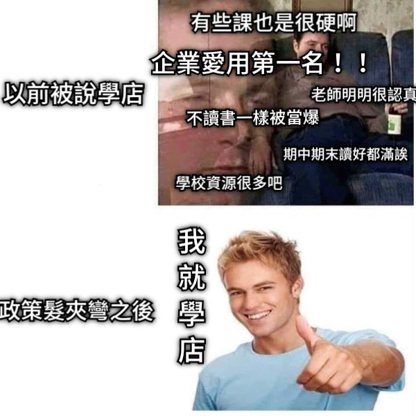 以前被說學店 有些課也是很硬啊 老師明明很認真 學校資源很多吧 不讀書一樣被當爆 期中期末讀好都滿誒 企業愛用第一名！！ 政策髮夾彎之後 我 就 學 店