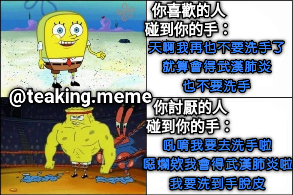 你喜歡的人 碰到你的手： 天啊我再也不要洗手了 就算會得武漢肺炎 也不要洗手 你討厭的人 碰到你的手： 吼唷我要去洗手啦 噁爛欸我會得武漢肺炎啦 我要洗到手脫皮 @teaking.meme