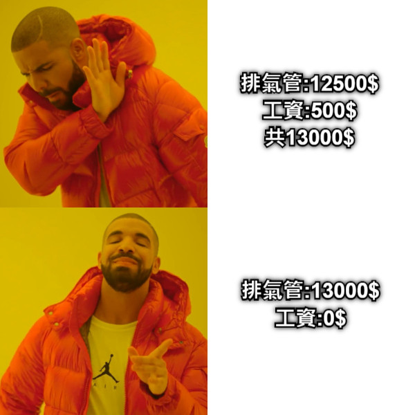 排氣管:12500$ 工資:500$ 共13000$ 排氣管:13000$ 工資:0$