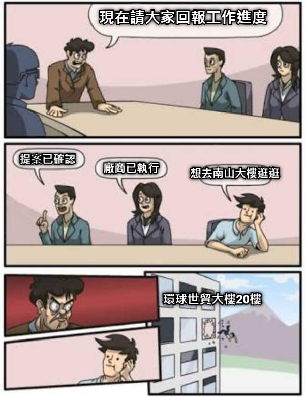 現在請大家回報工作進度 提案已確認 廠商已執行 想去南山大樓逛逛 環球世貿大樓20樓