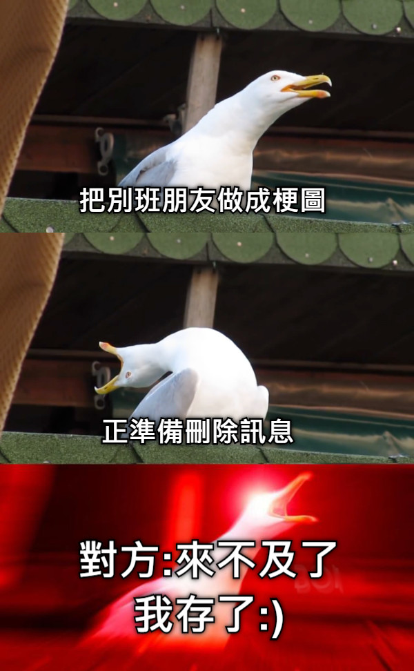 把別班朋友做成梗圖 正準備刪除訊息 對方:來不及了 我存了:)