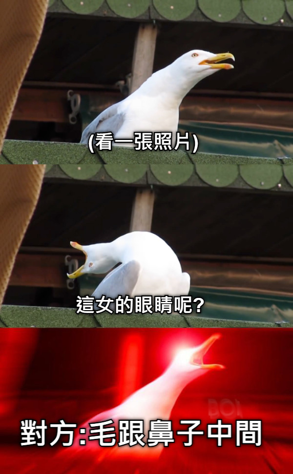 (看一張照片) 這女的眼睛呢? 對方:毛跟鼻子中間