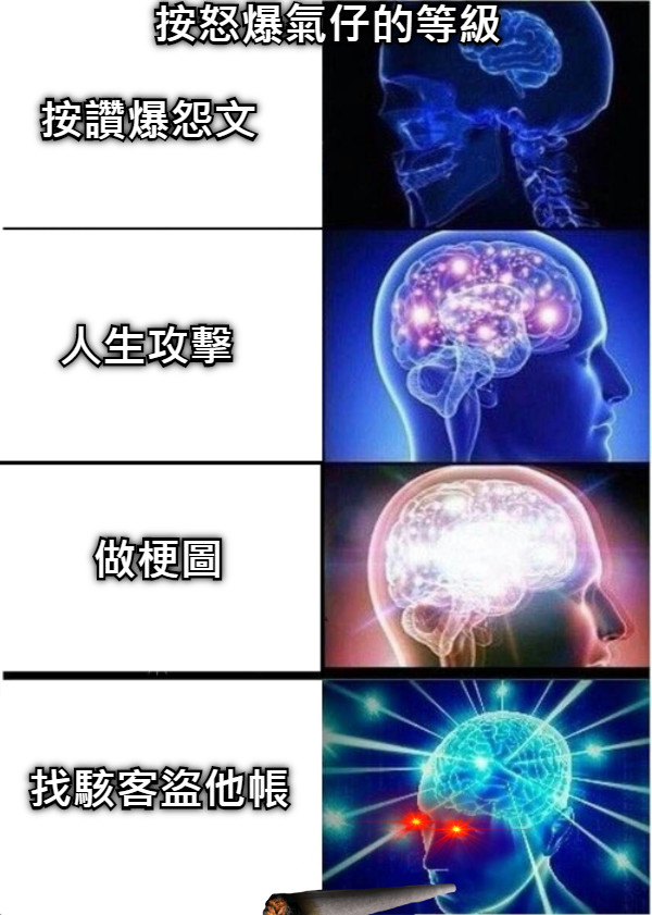 按怒爆氣仔的等級 按讚爆怨文 人生攻擊 做梗圖 找駭客盜他帳