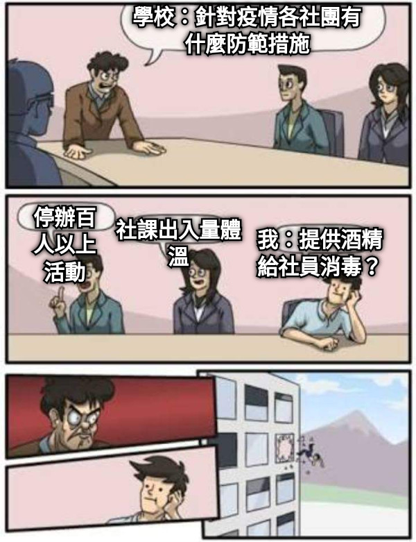 學校：針對疫情各社團有什麼防範措施 停辦百人以上活動 社課出入量體溫 我：提供酒精給社員消毒？