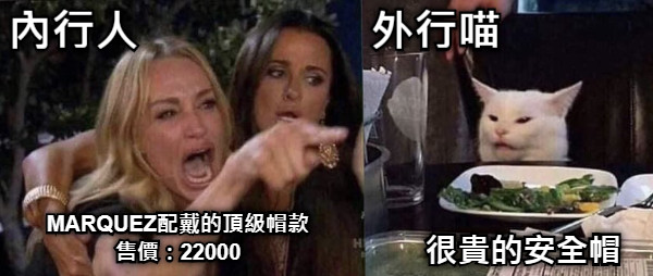 MARQUEZ配戴的頂級帽款 售價：22000 很貴的安全帽 內行人 外行喵