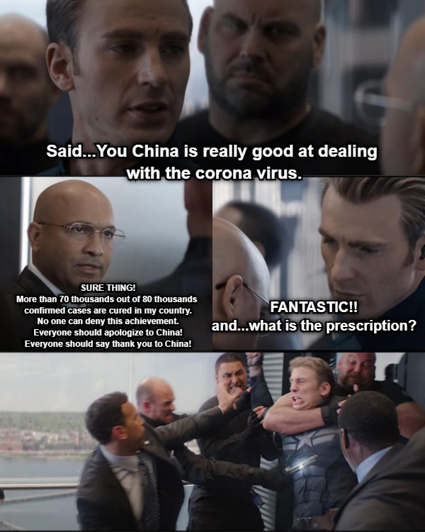Said...You China is really good at dealing with the corona virus. SURE THING! More than 70 thousands out of 80 thousands  confirmed cases are cured in my country. No one can deny this achievement. Everyone should apologize to China! Everyone should say thank you to China! FANTASTIC!! and...what is the prescription?