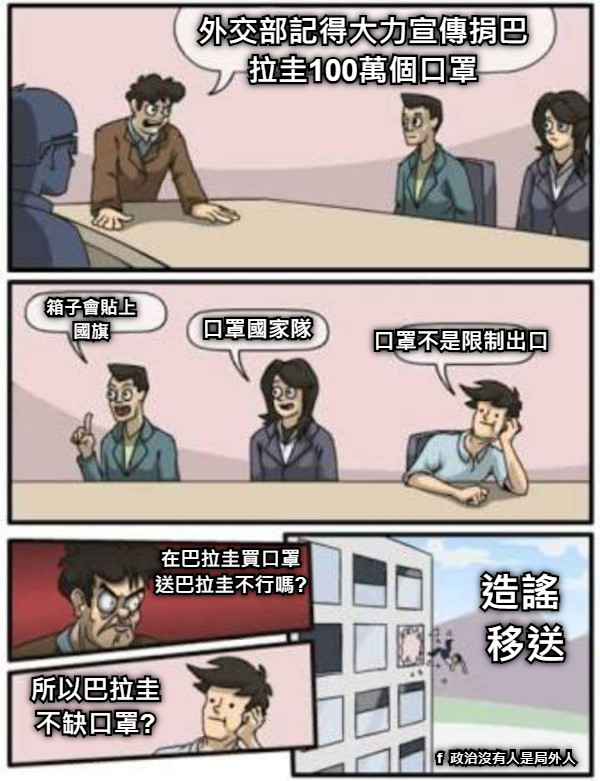 外交部記得大力宣傳捐巴拉圭100萬個口罩 箱子會貼上國旗 口罩國家隊 口罩不是限制出口 在巴拉圭買口罩 送巴拉圭不行嗎? 所以巴拉圭 不缺口罩? 造謠  移送 f  政治沒有人是局外人