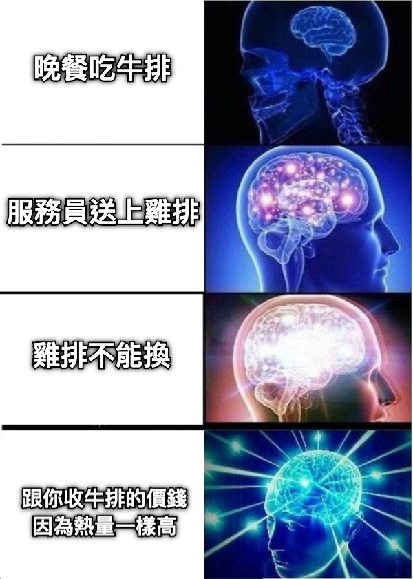 晚餐吃牛排 服務員送上雞排 雞排不能換 跟你收牛排的價錢 因為熱量一樣高