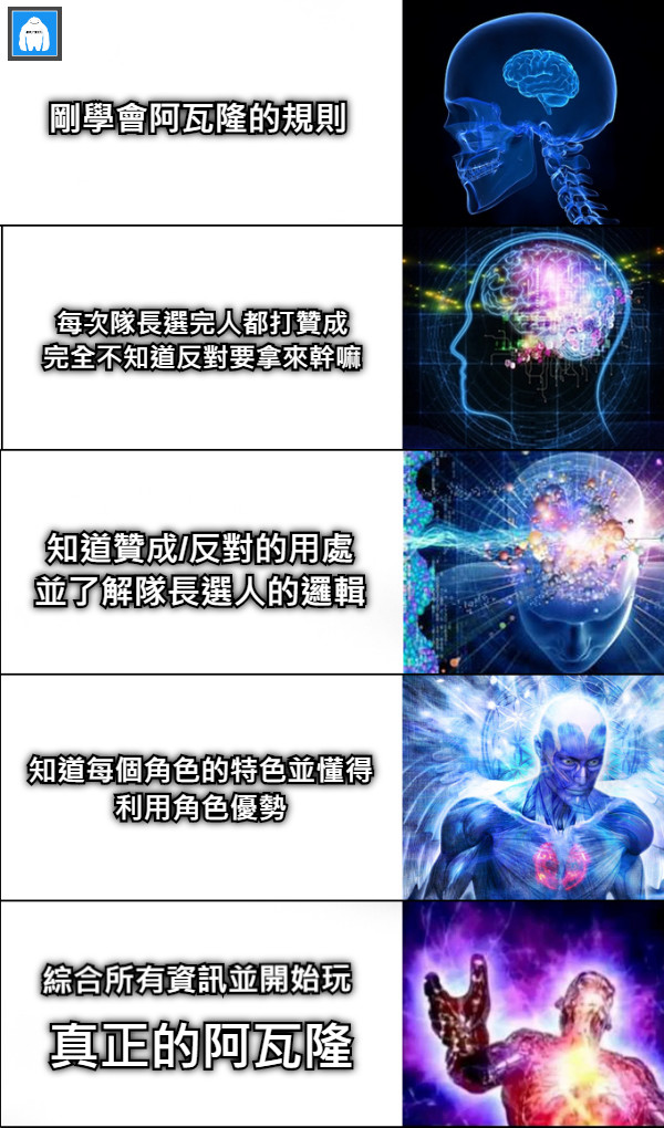 剛學會阿瓦隆的規則 每次隊長選完人都打贊成 完全不知道反對要拿來幹嘛 知道贊成/反對的用處 並了解隊長選人的邏輯 知道每個角色的特色並懂得利用角色優勢 綜合所有資訊並開始玩 真正的阿瓦隆