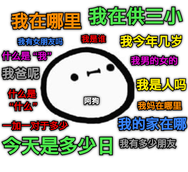 我是谁 我在哪里 我今年几岁 今天是多少日 我的家在哪 我男的女的 我有多少朋友 一加一对于多少 我妈在哪里 我是人吗 我在供三小 我有女朋友吗 什么是 “我” 我爸呢 什么是 “什么” 阿狗