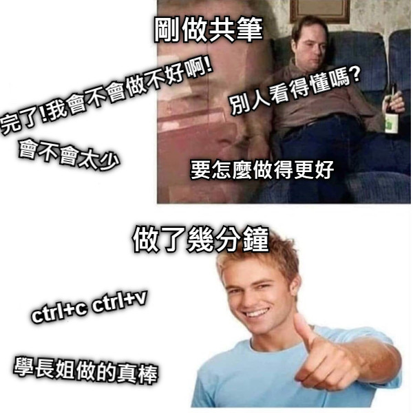 剛做共筆 完了!我會不會做不好啊! 會不會太少 別人看得懂嗎? 要怎麼做得更好 做了幾分鐘 ctrl+c ctrl+v 學長姐做的真棒