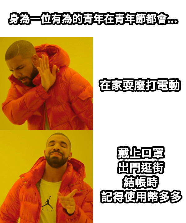 身為一位有為的青年在青年節都會... 在家耍廢打電動 戴上口罩 出門逛街 結帳時 記得使用幣多多