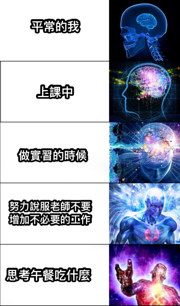 平常的我 上課中 做實習的時候 思考午餐吃什麼 努力說服老師不要增加不必要的工作