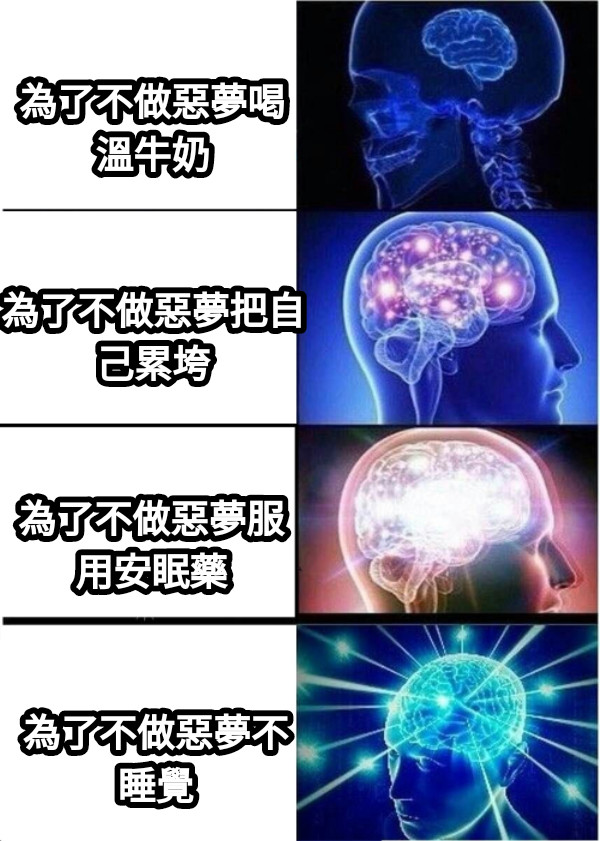 為了不做惡夢喝 溫牛奶 為了不做惡夢把自 己累垮 為了不做惡夢服 用安眠藥 為了不做惡夢不睡覺