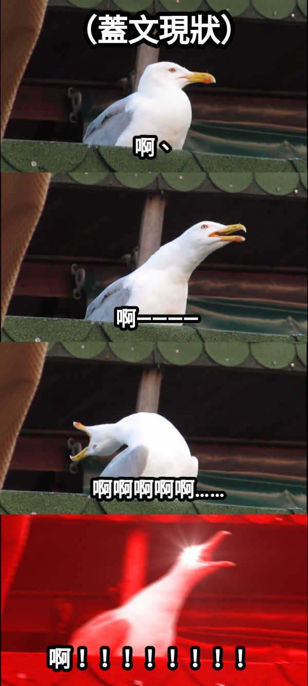 啊、 啊———— 啊啊啊啊啊…… 啊！！！！！！！！ （蓋文現狀）