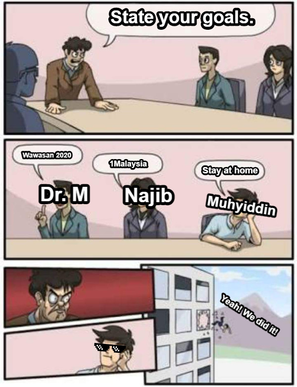 State your goals. Wawasan 2020 1Malaysia Stay at home Yeah! We did it! Dr. M Najib Muhyiddin