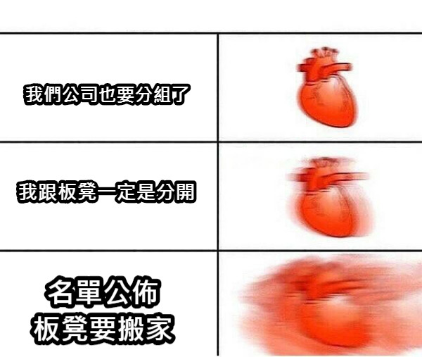 我們公司也要分組了 我跟板凳一定是分開 名單公佈 板凳要搬家